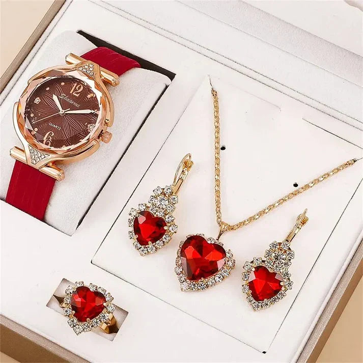 Conjunto de Joyas Pasión Eterna – Reloj, Collar, Aros y Anillo
