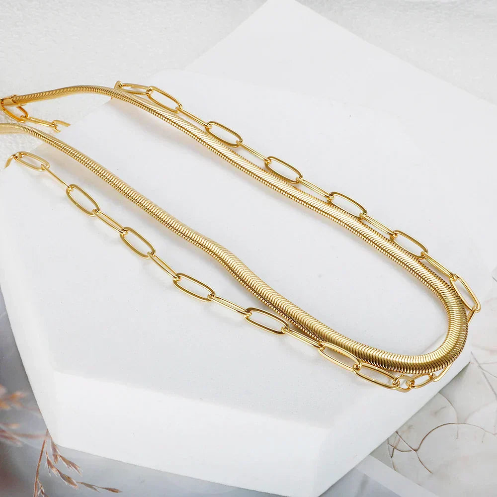 Collar Doble de Malla y Eslabones Chapado en Oro de 18K