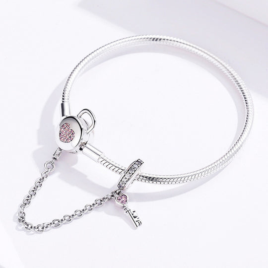 Pulsera de Charms con Cierre de Corazón y Traba de Seguridad - Plata 925